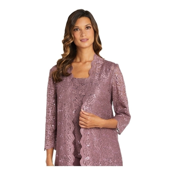 3-Pcs Pants Suit R&M Richards Donna Metallic Lace Tank Top Pants Lace Jacket Set - Picture 6 of 11